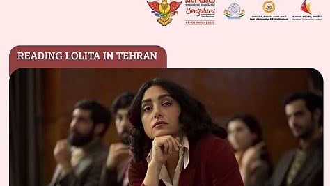 A thoughtful woman sits among others in a theatre setting, focused on a presentation. Text displays movie details: "Reading Lolita in Tehran". The logo of BIFFes and sponsors/collaborators on the top right .
