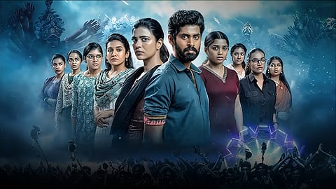 Poster of Suzhal 2 with main cast against a background collage of screenshots from the series