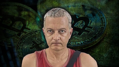 Image of Aleksej Besciokov wearing a red sleeveless shirt and a shoulder bag, stands against a digitally edited background featuring large Bitcoin symbols on coins.