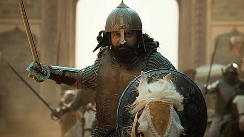 Shot from Chhaava where Vicky Kaushal is seen engaged in a battle while riding a horse.