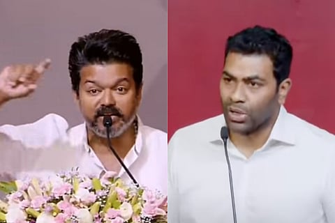 (L) Actor and TVK president Vijay (R) TVK campaign general secretary Aadhav Arjuna. Vijay is wearing a white shirt and speaking at a podium decorated with flowers. Aadhav is also in a white shirt and speaking at mic. The background behind him is red. 