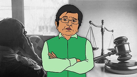 Illustration of Kiran Bedi with arms crossed, superimposed on a background featuring a person engaged in surveillance with headphones and a reel recorder, along with symbols of law—a gavel and scales of justice.