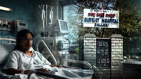 A woman sitting up in a hospital bed surrounded up monitors and IV drips. In the background is the Ballari District Hospital. 