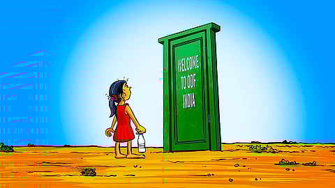 An illustration of a little girl in a red dress standing outside a green door that says 'Welcome to ODF India'. The door leads nowhere, just open ground