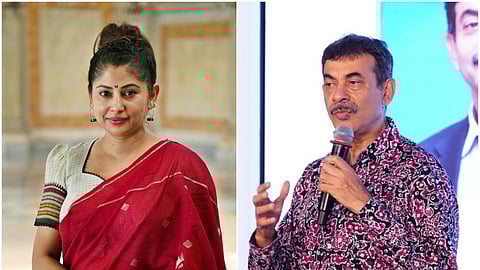 Side-by-side image: On the left, IAS officer Smita Sabharwal in a red saree with a white and black blouse stands smiling softly, wearing traditional jewelry. On the right, IAS officer Jayesh Ranjan in a patterned red, black, and white shirt speaks into a microphone with a serious expression during an event.