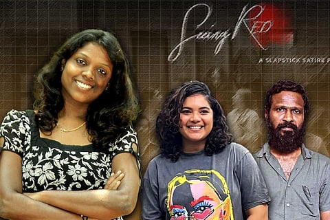 Writer Jeyarani, filmmaker Shalini Vijayakumar, and producer Vetrimaaran with 'Seeing Red' film poster in the background amid plagiarism allegations over short film and Bahujan storytelling.