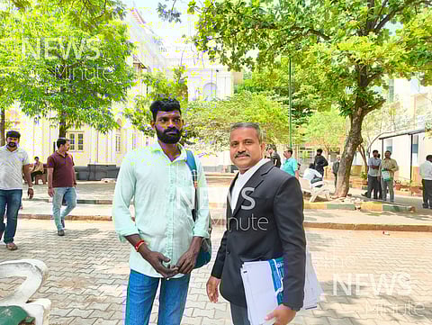 Kurubara Suresh and his lawyer Pandu Poojary outside the Mysuru court on the day of judgement.