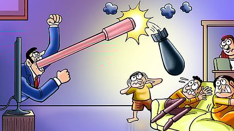 Image featuring illustration of an anchor shouting through a television while viewers cower on their couch.
