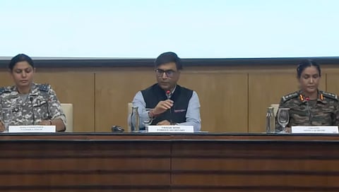 Commander Vyomika Singh, Col Sofiya Qureshi and Foreign Secretary Vikram Misri giving a briefing 