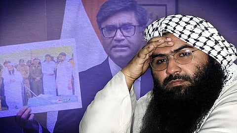 Masood Azhar with an image of foreign secretary Vikram Misri.