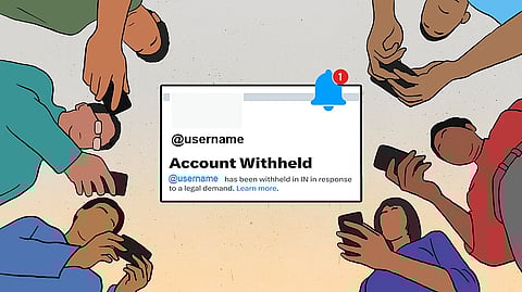 Image featuring an illustration of people looking at their devices with a screenshot of X’s ‘account withheld’ notice.
