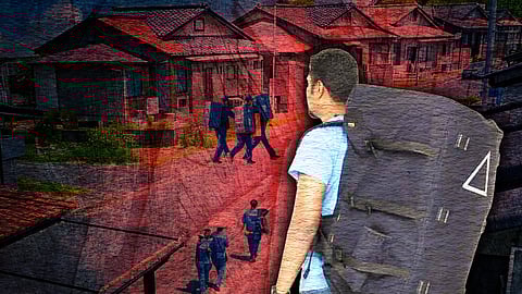 A man with a large backpack watches a residential area, with a dark, gritty filter. The image is used as a representation image. 
