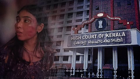 Collagae of Advocate Shyamili with bruises on her face against the backdrop of an image of the Kerala High Court