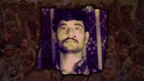 A digitally edited image showing a portrait of a man with a mustache and short hair, framed by a burnt-edge effect. Behind the portrait is a blurred background of armed security personnel, possibly Indian paramilitary or police forces, posing together in a wooded area. The man in the portrait is Nambala Keshava Rao/Basavaraju, the general secretary of the Communist Party of India (Maoist) killed by the government in Chhattisgarh. 