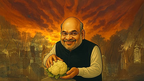 An AI-generated image of Amit Shah offering cauliflower to the tombstone of Naxalism