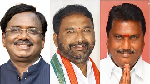 A collage of three Telangana MLAs, Vivek Venkatswamy, Vakiti Srihari, Adluri Laxman, in traditional greeting pose with hands joined in 'namaste.' The man on the left wears glasses and a dark suit with a pin of the Indian flag, the man in the center wears a white shirt with a Congress party scarf and a red mark on his forehead, and the man on the right wears a white shirt, has a red mark on his forehead, and a blue thread on his wrist. All are smiling.