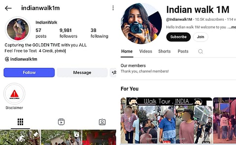Screenshot of the Instagram and YouTube accounts posting voyeuristic videos of women walking on city streets without their consent.