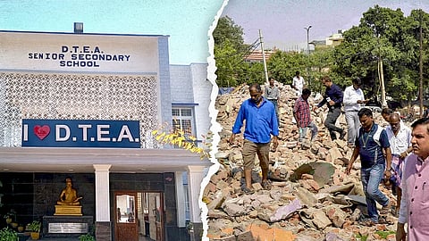 A collage of two images - On the left, the DTEA school on Lodhi Road; on the right, residents look through piles of debris where the Madrasi Camp slum once stood