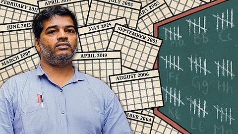 Abdul Wahid Shaikh in a blue shirt. In the background are sheets from a calendar 