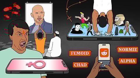 Illustration depicting the Indian manosphere and its links to online misogyny and radicalisation. A man with a saffron tilak yells at a phone displaying a female gender symbol. Others, including a Muslim man and a Hindu man, sit cross-legged worshipping a portrait of a bald man resembling Andrew Tate. Red pills, religious symbols like a cross and tasbih, and characters from internet meme culture (e.g., Wojak, Chad, Pepe) are seen emerging from smartphones. Labels like “FEMOID,” “CHAD,” “NORMIE,” and “ALPHA” float around, and a person types on Reddit. The image represents the convergence of faith, internet subcultures, and misogynistic ideologies.