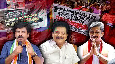 Collage showing Aryadan Shoukath, PV Anvar and M Swaraj in the foreground—one speaking with a mic, one smiling, and one greeting with folded hands—set against protest scenes and Malayalam banners demanding land rights and justice in Kerala.