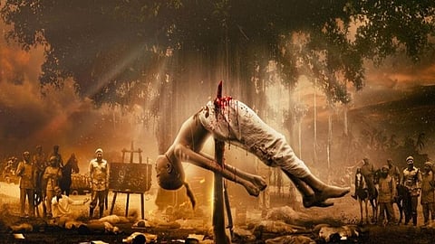 Poster for Razakar: Silent Genocide of Hyderabad showing a bloodied child impaled on a spear, with uniformed men, dead bodies, and burning landscapes in the background. The film title appears in bold, distressed text at the bottom, along with production credits and listed languages: Telugu, Hindi, Tamil, Kannada, and Malayalam.