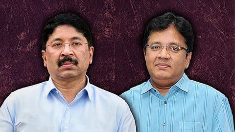 A digitally edited image showing DMK MP Dayanidhi Maran (left) in a light blue shirt and Kalanithi Maran (right), founder of Sun TV Network, in a striped blue shirt. Both are facing forward against a textured dark maroon background.