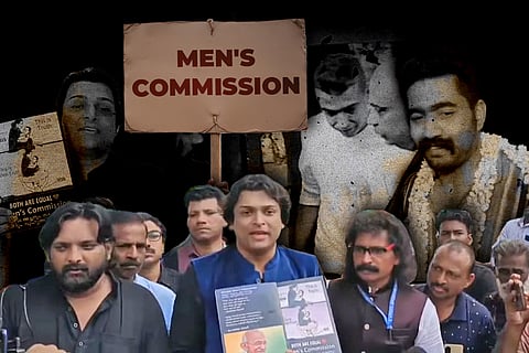 A group of men protest holding signs demanding a Men's Commission, with one placard showing a cartoon calling for gender equality; old monochrome images of men in distress are overlaid in the background.