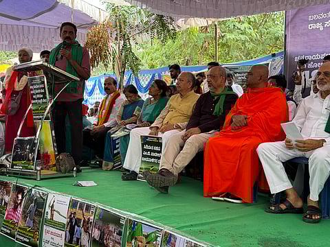 Actor Prakash Raj at the farmers' protest in Devanahalli. 