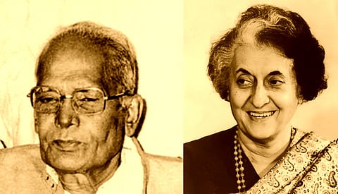 Side-by-side sepia-toned portraits of Jayaprakash Narayan (left), wearing glasses and a light-colored suit, and Indira Gandhi (right), smiling in a saree with a beaded necklace.