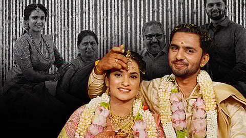 Image shows Rithanya and Kavin on their wedding day in their wedding attire. Kavin is putting red vermilion on Rithanya's forehead as part of the wedding rituals.
