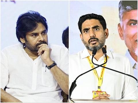 Split image showing two men. On the left, Pawan Kalyan with medium-length black hair and a beard, dressed in a white kurta, rests his chin on his hand in a thoughtful pose. On the right, Nara Lokesh with short black hair and a salt-and-pepper beard speaks at a podium with two microphones, wearing a white shirt and a yellow lanyard with Telugu Desam Party symbols; a partially visible image of Chandrababu Naidu appears in the background.
