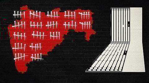 A stylised image. A map of Maharashtra in red on the left. On it, numbers are marked as though to show number of people who died in custody. On the right, a lock up cell in black and white