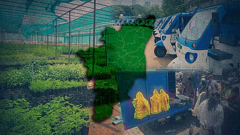 A collage of Tamil Nadu tree sapling nurseries, electric auto distribution to women and the iconic yellow cloth bags