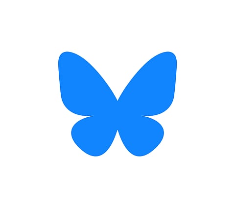 Blue butterfly-shaped logo with symmetrical wings on a white background, representing the Bluesky social media platform.