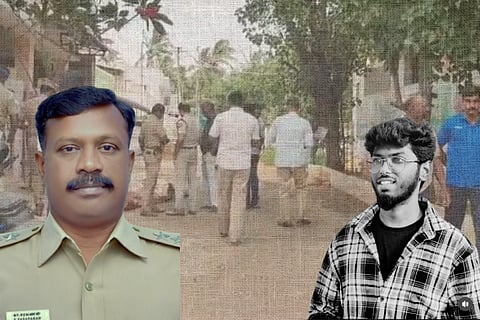 Surjith's father and sub inspector of police Saravanan, and Kavin Selvaganesh against the backdrop of the murder spot