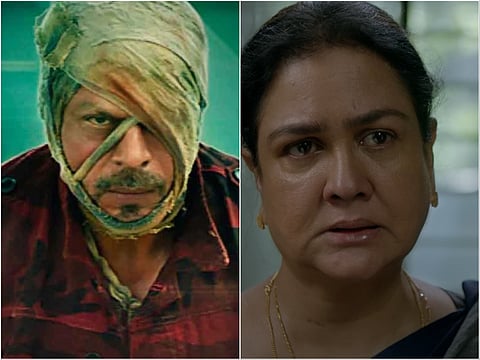 Side-by-side image: On the left, Shah Rukh Khan in a red shirt with a rugged expression, his head wrapped in old, tattered bandages covering one eye, looking intensely forward. On the right, Urvashi in a dark sari and gold earrings appears emotional and distressed, with teary eyes and a tense expression, standing indoors in soft daylight.