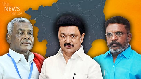 CPI(M) state secretary P Shanmugam, TN CM MK Stalin and VCK president Thol Thirumavalavan in the foreground. Stylised background of Tamil Nadu's map in dark grey, surrounded by saffron