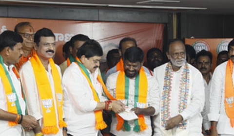 Former Achampet MLA Guvvala Balaraju with Telangana BJP president N Ramchander Rao
