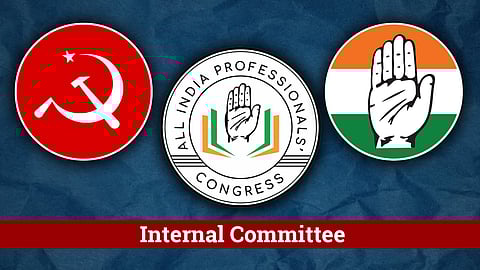 Logos of CPI(M), All India Professionals’ Congress, and Indian National Congress placed side by side with a banner below reading 'Internal Committee'.