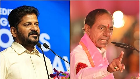 A split image of two men speaking at separate podiums. On the left, a man in a light cream shirt with a beard is speaking into microphones against a blue backdrop. On the right, another man in a white shirt with a pink scarf draped over his shoulder is speaking passionately, pointing his finger, with flowers and a pink-lit background in front of him.