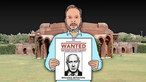 Illustration of a man holding a poster in front of a red-brick monument. The poster, styled like a 'wanted' notice from the International Criminal Court, shows a black-and-white photograph of Benjamin Netanyahu with the text 'WANTED for crimes against humanity'.