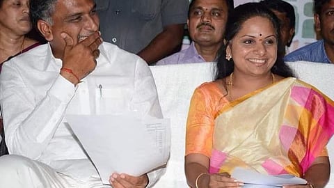 Senior BRS leader T Harish Rao seated on the left with Kalvakuntla Kavitha next to him, both are smiling