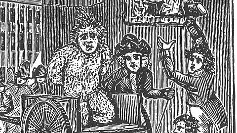 Punishment by tar and feather of Thomas Ditson, who purchased a gun from a British soldier in Boston in March 1775. 