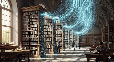 A serene library with wooden shelves filled with books, where holographic streams of blue data particles flow through the air. A woman reads at a table while two people browse the shelves in the background.