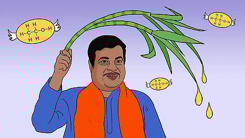 An illustration of Nitin Gadkari waving a sugarcane cutting with the chemical formula of ethanol written in the background