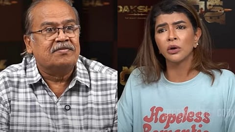 Split-screen image showing Telugu actor Lakshmi Manchu on the right, looking upset while responding during an interview, and the journalist on the left, listening with a neutral expression.