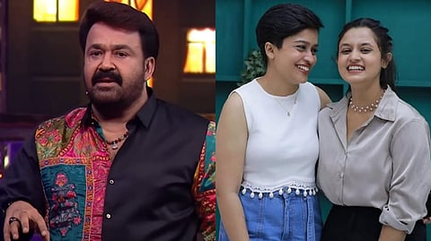A split image showing actor Mohanlal speaking on Bigg Boss Malayalam 7 on the left, and contestants Adhila Nasarin and Fathima Noora smiling together on the right.