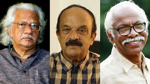 A side-by-side photo of three men. On the left is Adoor Gopalakrishnan, a man with white hair, glasses, and a mustache, wearing a striped gray shirt. In the center is Paul Zacharia, a man with a mustache and dark, receding hair, wearing a brown and white checkered shirt. On the right is M.N. Karassery, a man with white hair, a mustache, and a beard, wearing glasses and a light-colored shirt.