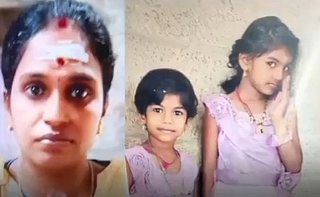 A split image: On the left, a close-up of a woman with a serious expression, wearing a red bindi and white tilak on her forehead. On the right, a photograph of two young girls, possibly sisters, looking at the camera.